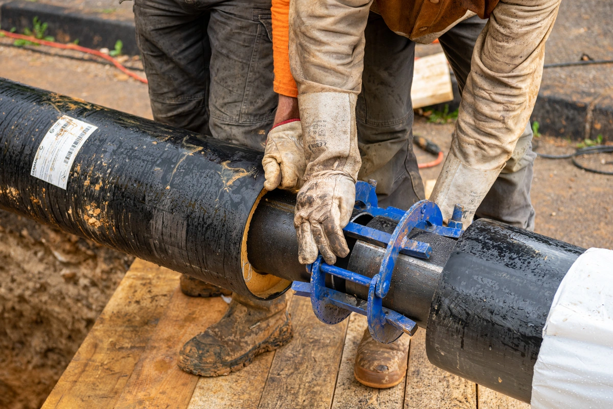 Ouvriers connectant des canalisations sur un chantier de terrassement